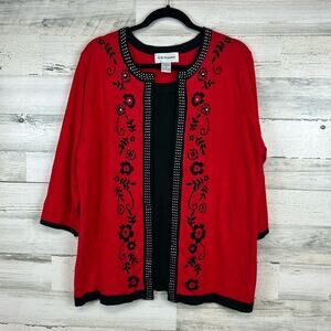 Vintage Cathy Daniels Sweater 1X Red Black Sequin 3/4 Sleeve Regency Floral
